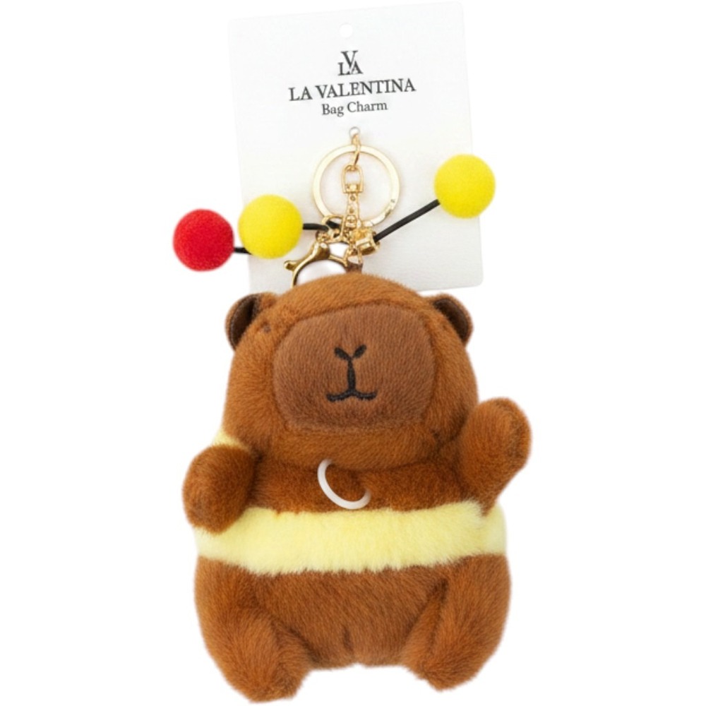 La Valentina Capybara Plush Bag Charm Brown Yellow Pom Pom Keychain New